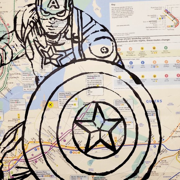 Handpainted Marvel Captain America Art on NYC Subway Map Rare Original Artwork - Picture 3 of 11